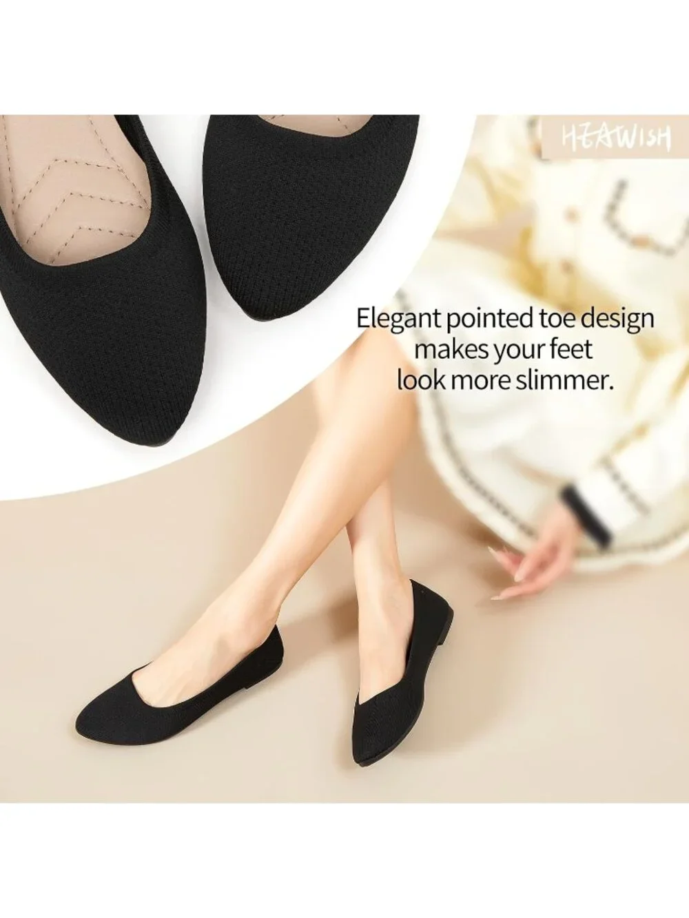 Women’s All Black Ballet Flats Comfortable Mesh Pointed Toe Slip On Dress Shoes